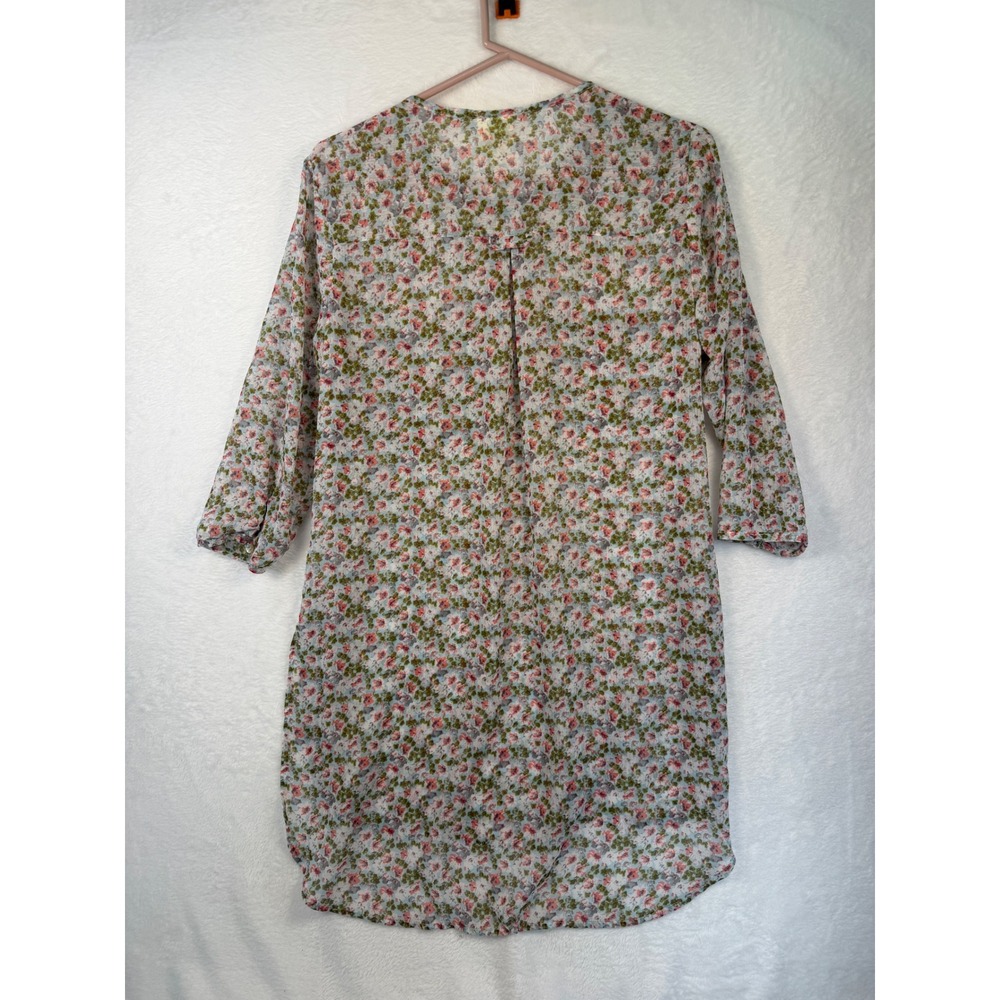 Fig and Flower Floral Henley Tunic Top 3/4 Sleeve Pink Green Medium - Picture 3 of 7